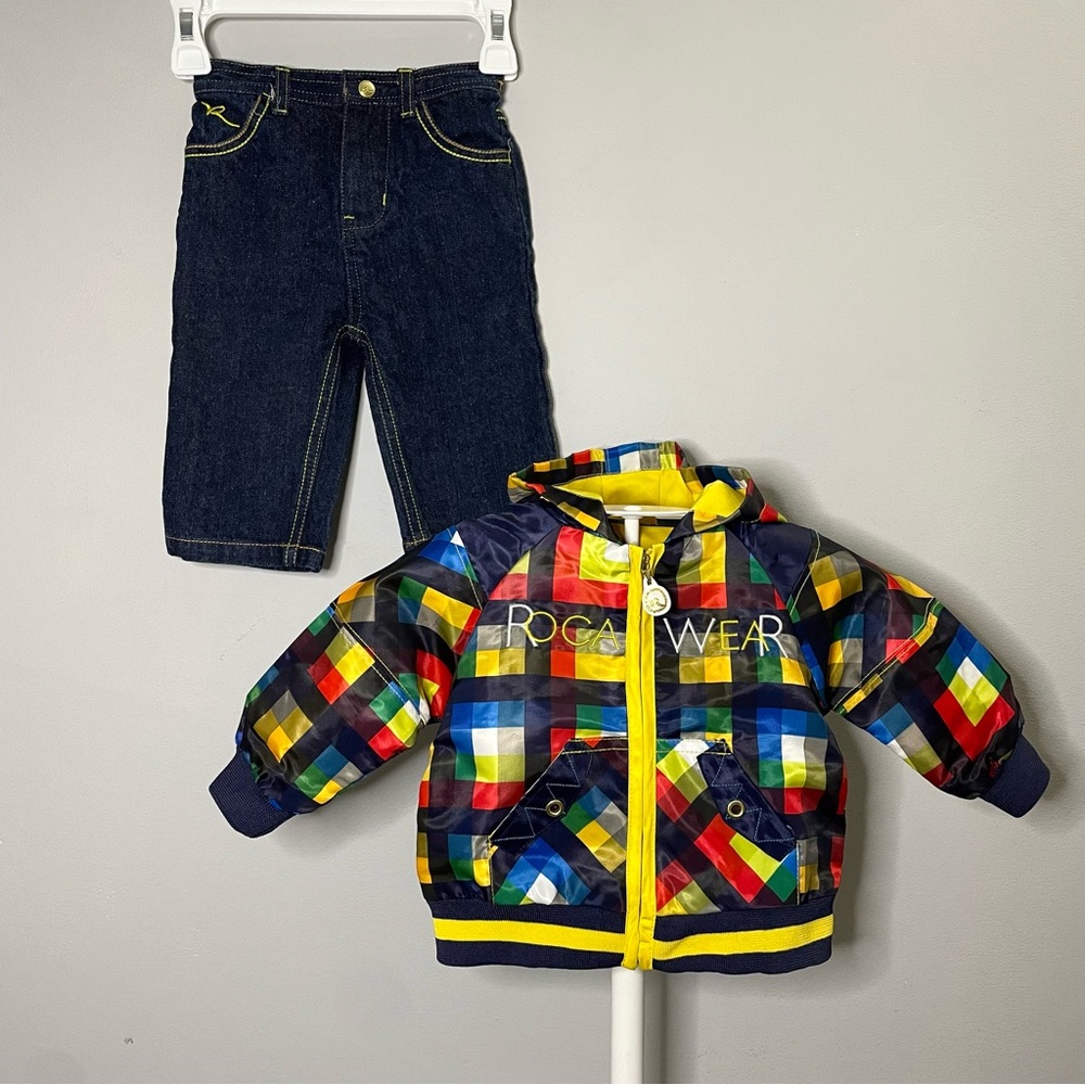 Rocawear Infant Plaid Hooded Rain Jacket & Denim Jeans 2-Piece Set